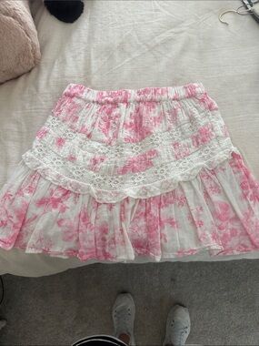 LoveShackFancy XS White & Pink Floral Lace-Tiered Skirt